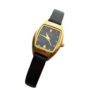 Vintage Bulova Caravelle Women's Gold Tone Watch Black Dial Leather Strap